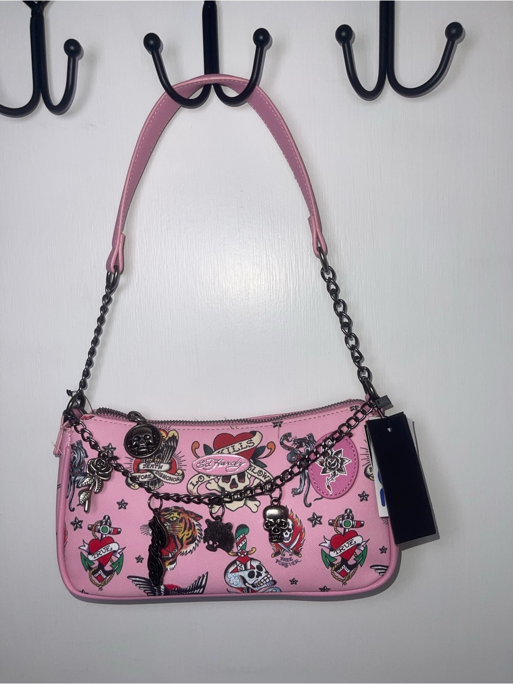 NWT Ed Hardy Pink Tattoo-Print Shoulder Bag with Charm Chain